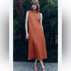Zara Orange Sleeveless Linen Blend Maxi Sheath Dress Size Small